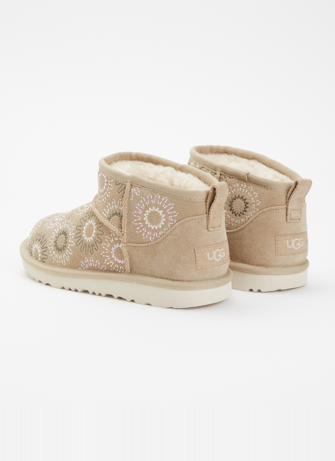 UGG Classic Ultra Mini Sun Stitch enkellaarsje van suède - achterkant khaki
