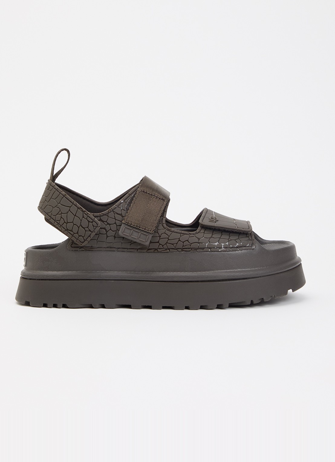 UGG GoldenGlow Embossed sandaal met plateauzool en crocostructuur - voorkant 4 bronsgroen