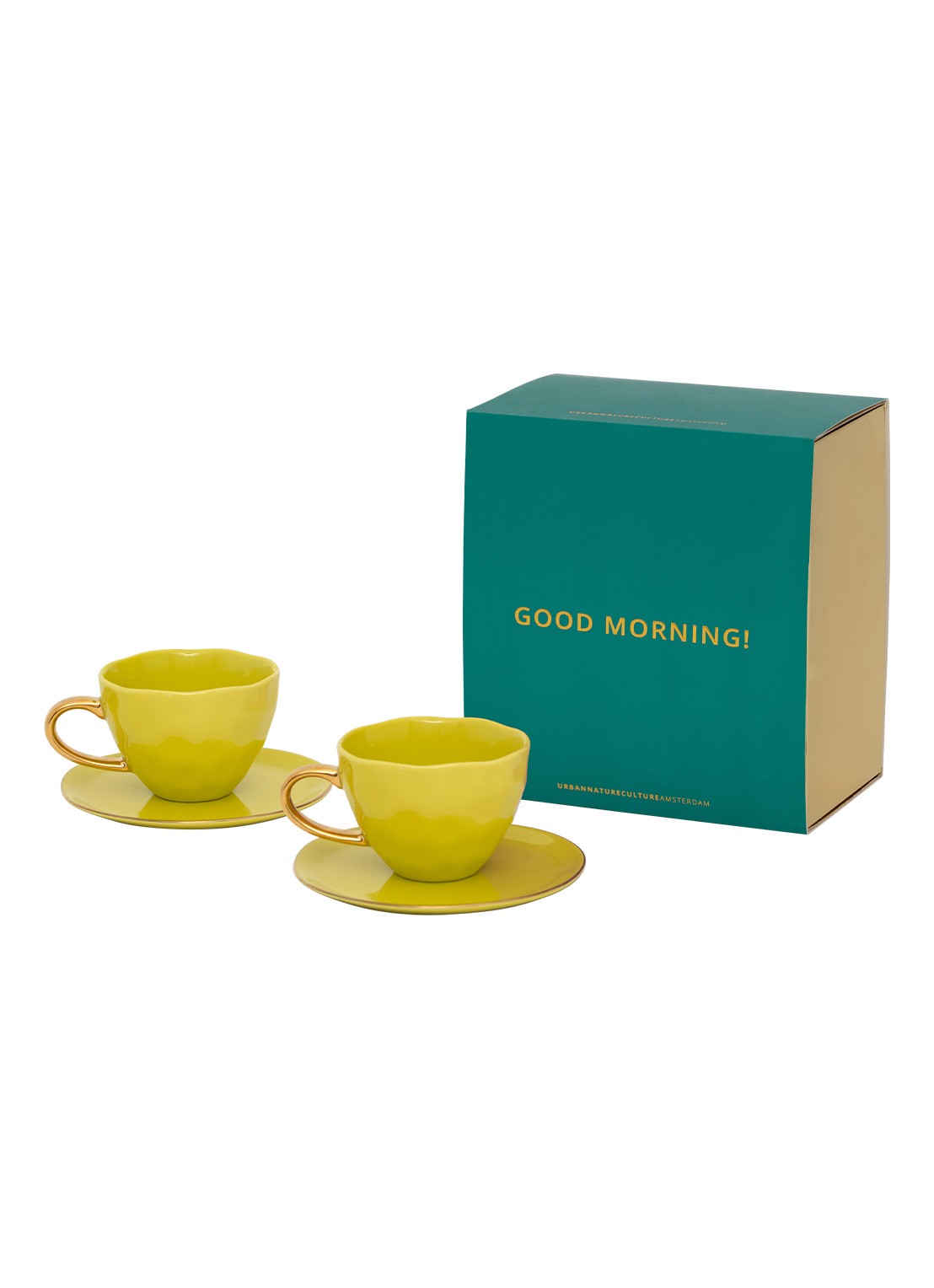 Urban Nature Culture Good Morning mok met schotel set van 4 in giftbox - voorkant lichtgeel