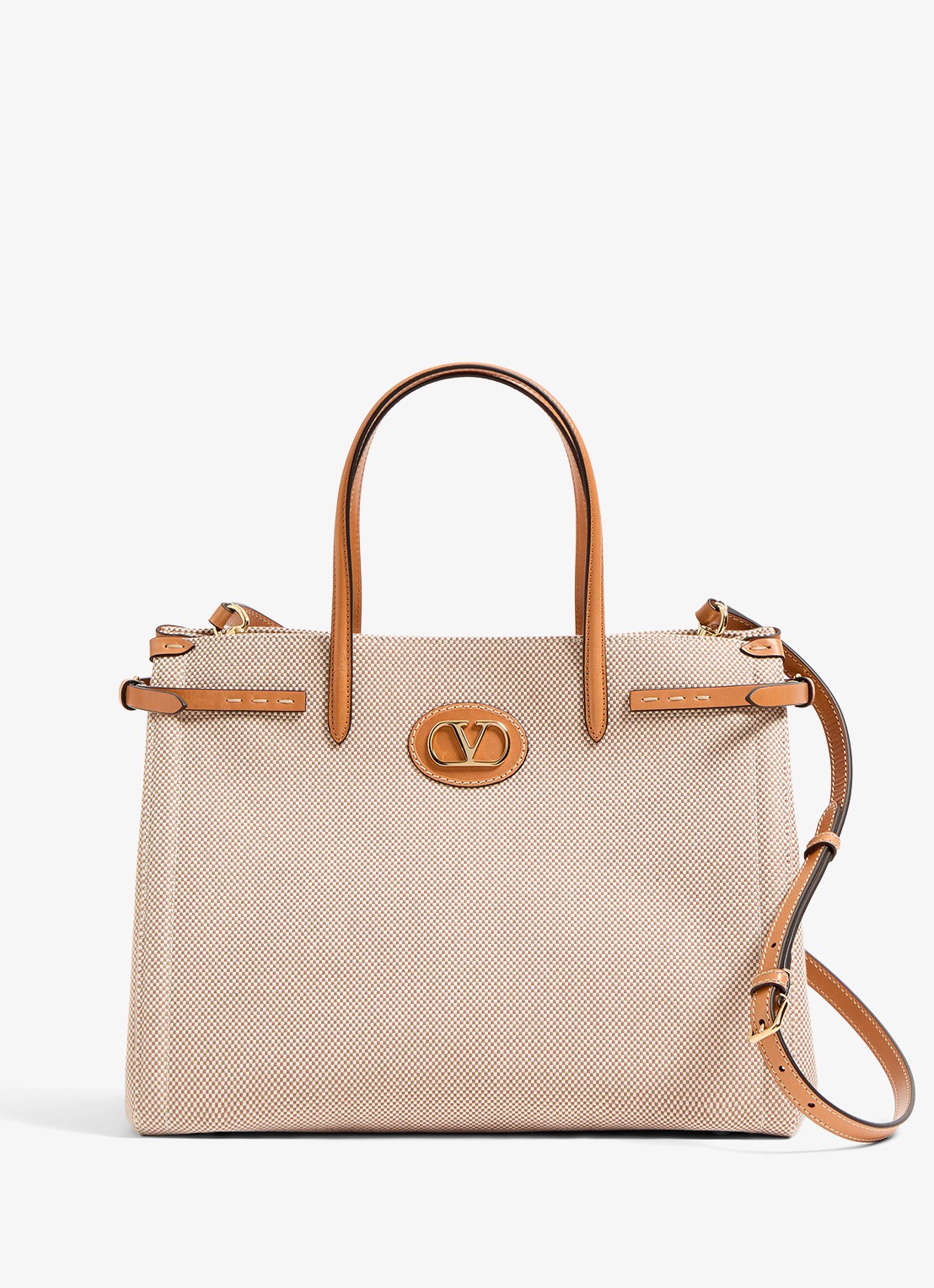 Valentino Garavani Antibes Medium shopper van canvas met leren details - voorkant camel