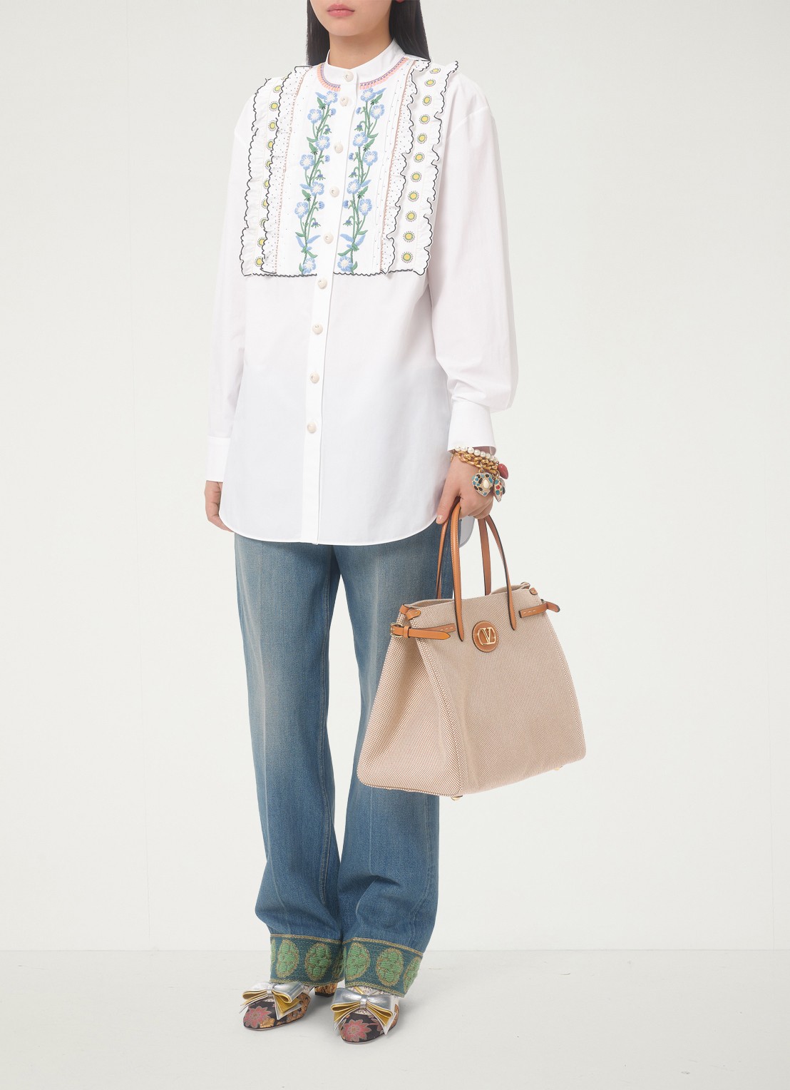 Valentino Garavani Antibes Medium shopper van canvas met leren details - voorkant 2 camel