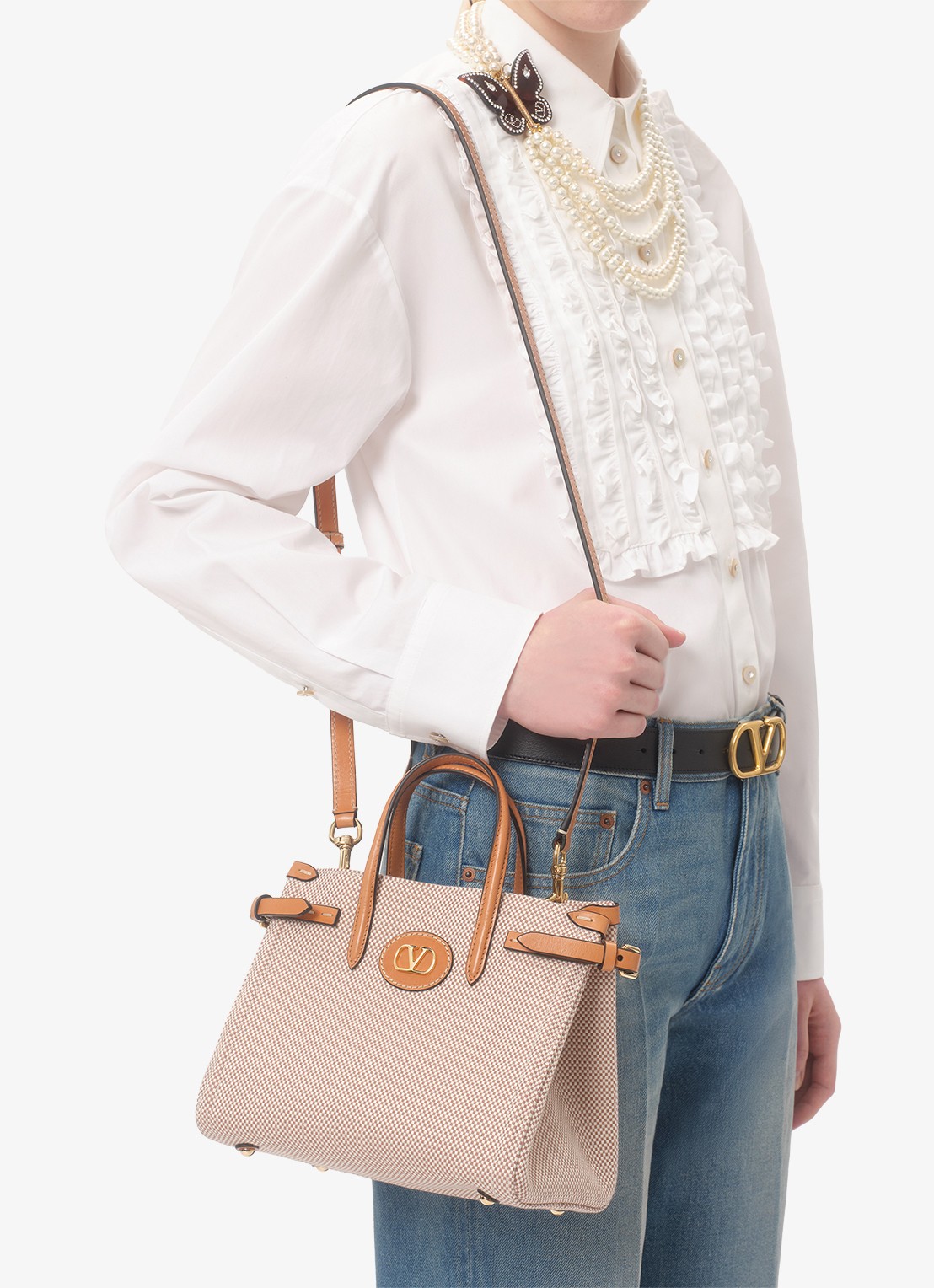 Valentino Garavani Antibes Small shopper van canvas met leren details - detail 6 camel