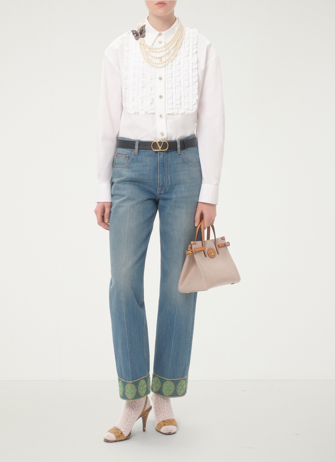 Valentino Garavani Antibes Small shopper van canvas met leren details - voorkant 8 camel