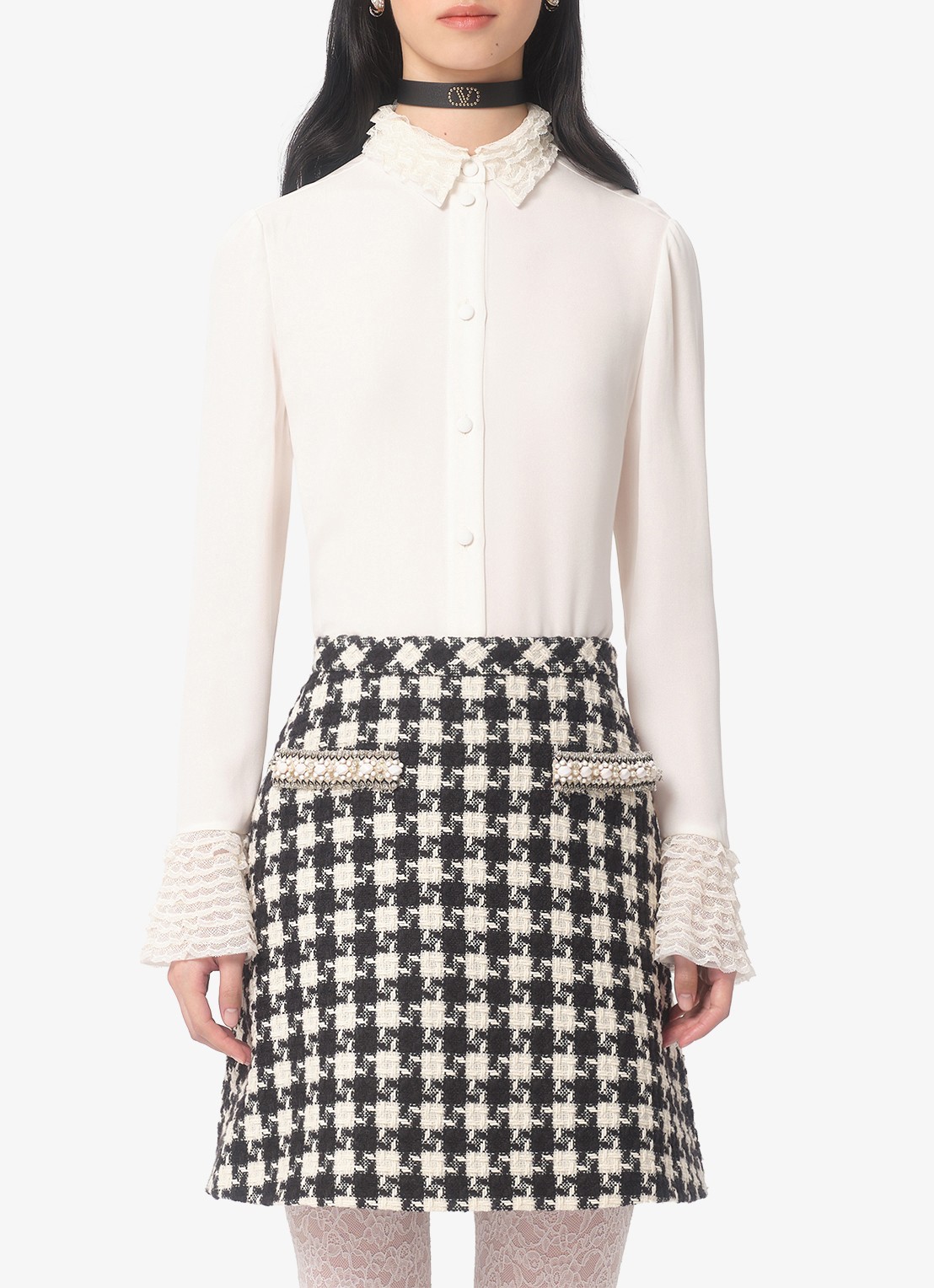 Valentino Garavani Blouse van zijde met details van kant - detail 4 gebroken wit