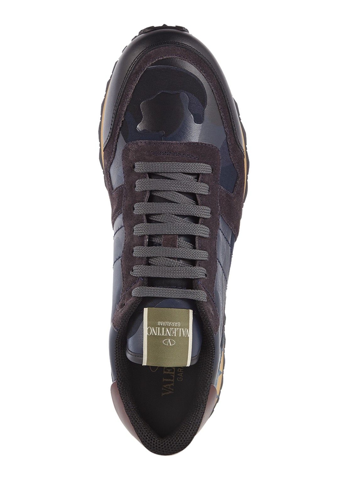 Valentino Garavani Camouflage Rockrunner sneaker van leer en suède - detail donkerblauw