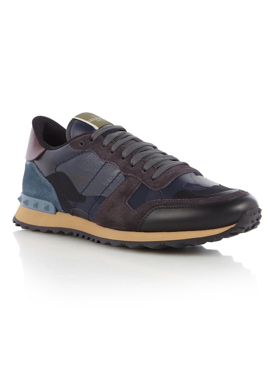 Valentino Garavani Camouflage Rockrunner sneaker van leer en suède - voorkant 4 donkerblauw