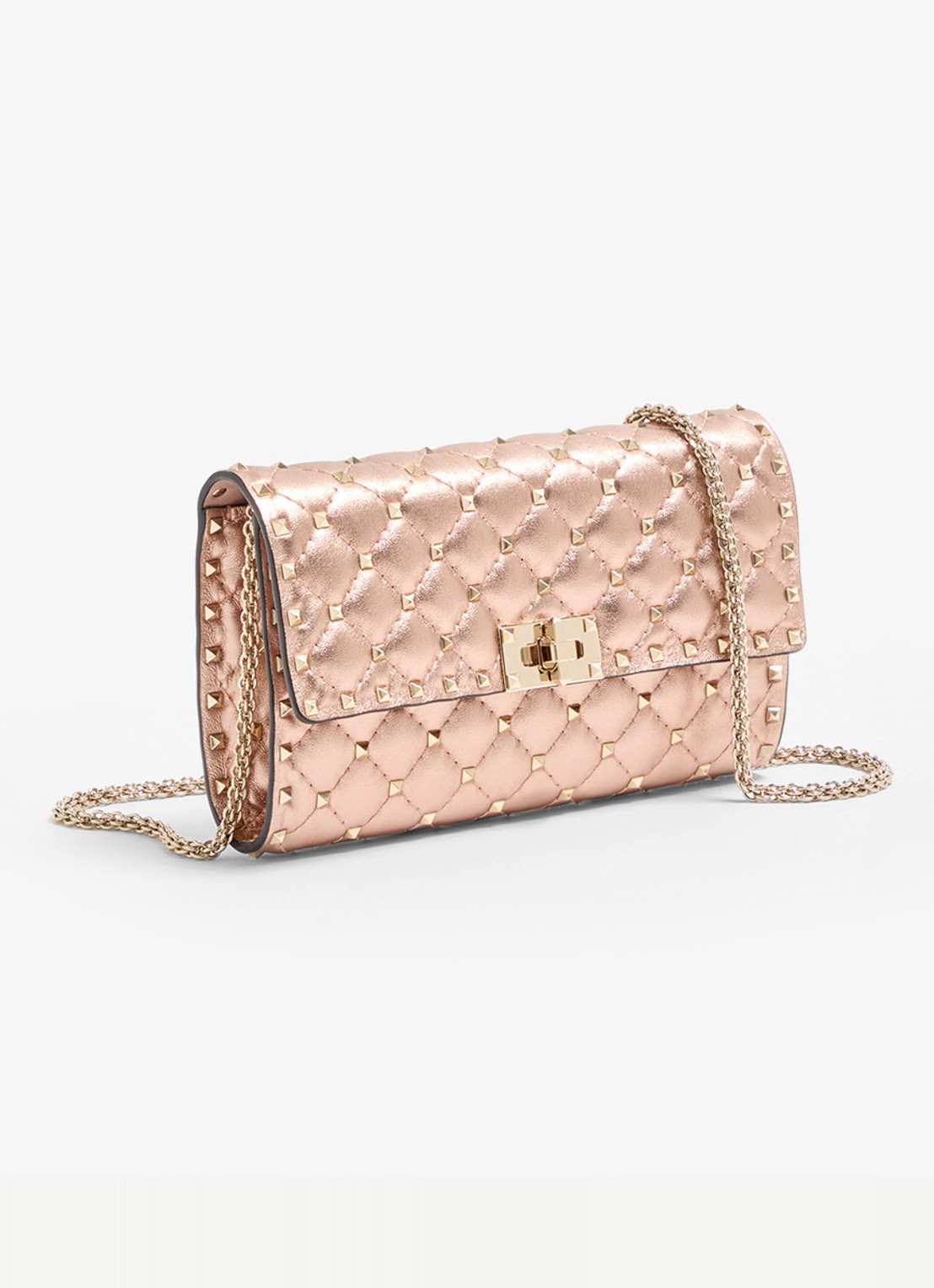 Valentino Garavani Crossbodytas van lamsleer met metallic finish en studs - voorkant 6 roze