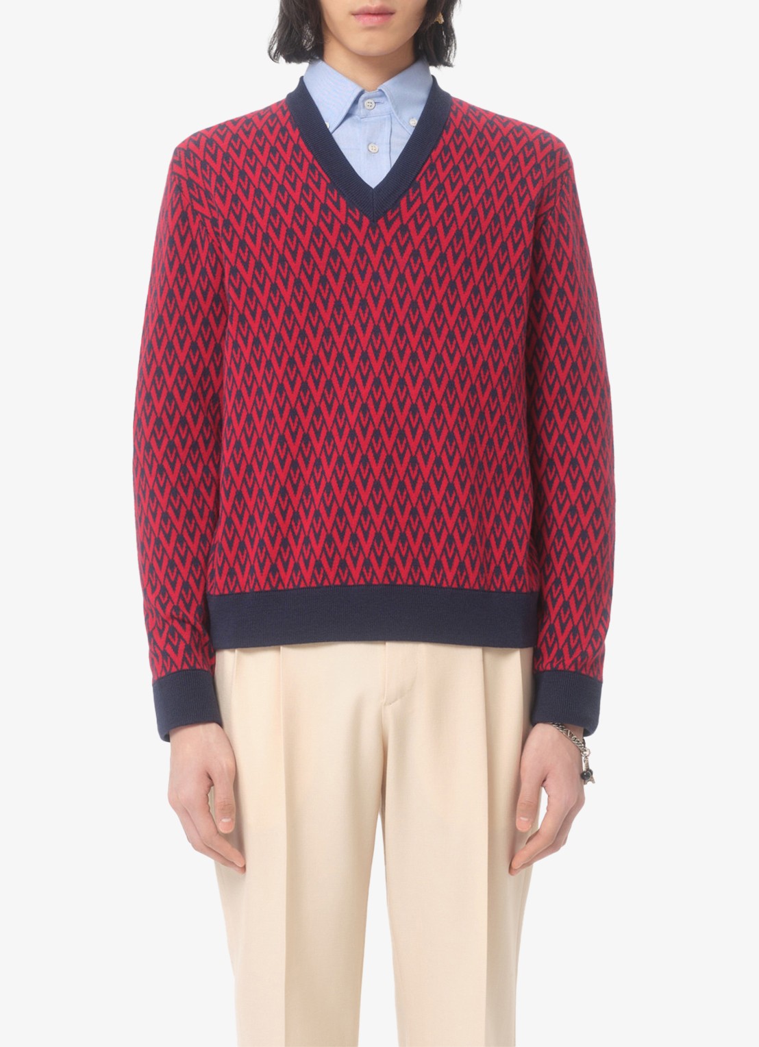 Valentino Garavani Fijngebreide pullover van scheerwol met ingebreid patroon - detail 4 donkerrood