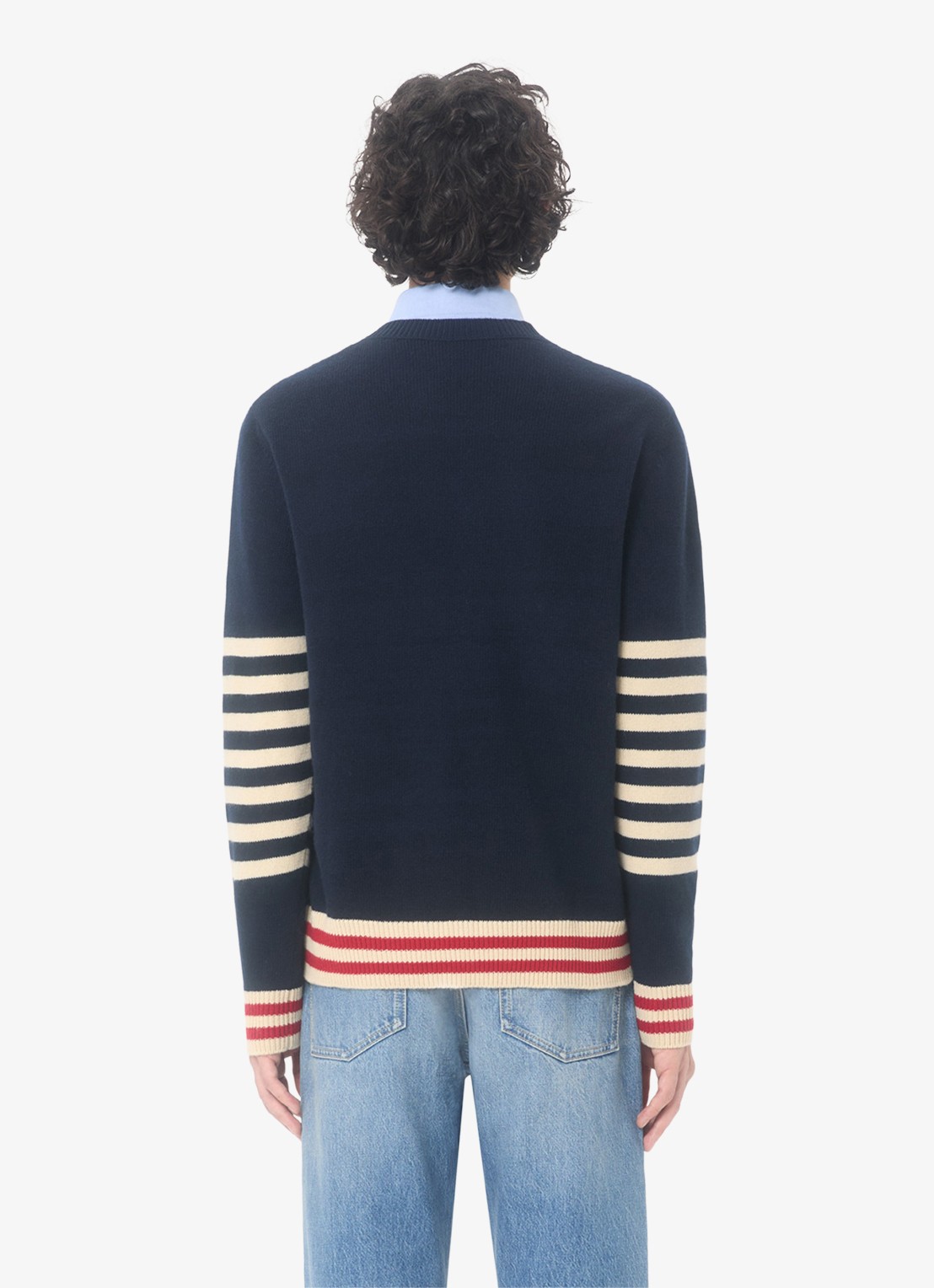Valentino Garavani Fijngebreide pullover van scheerwol met streepprint - achterkant 3 donkerblauw