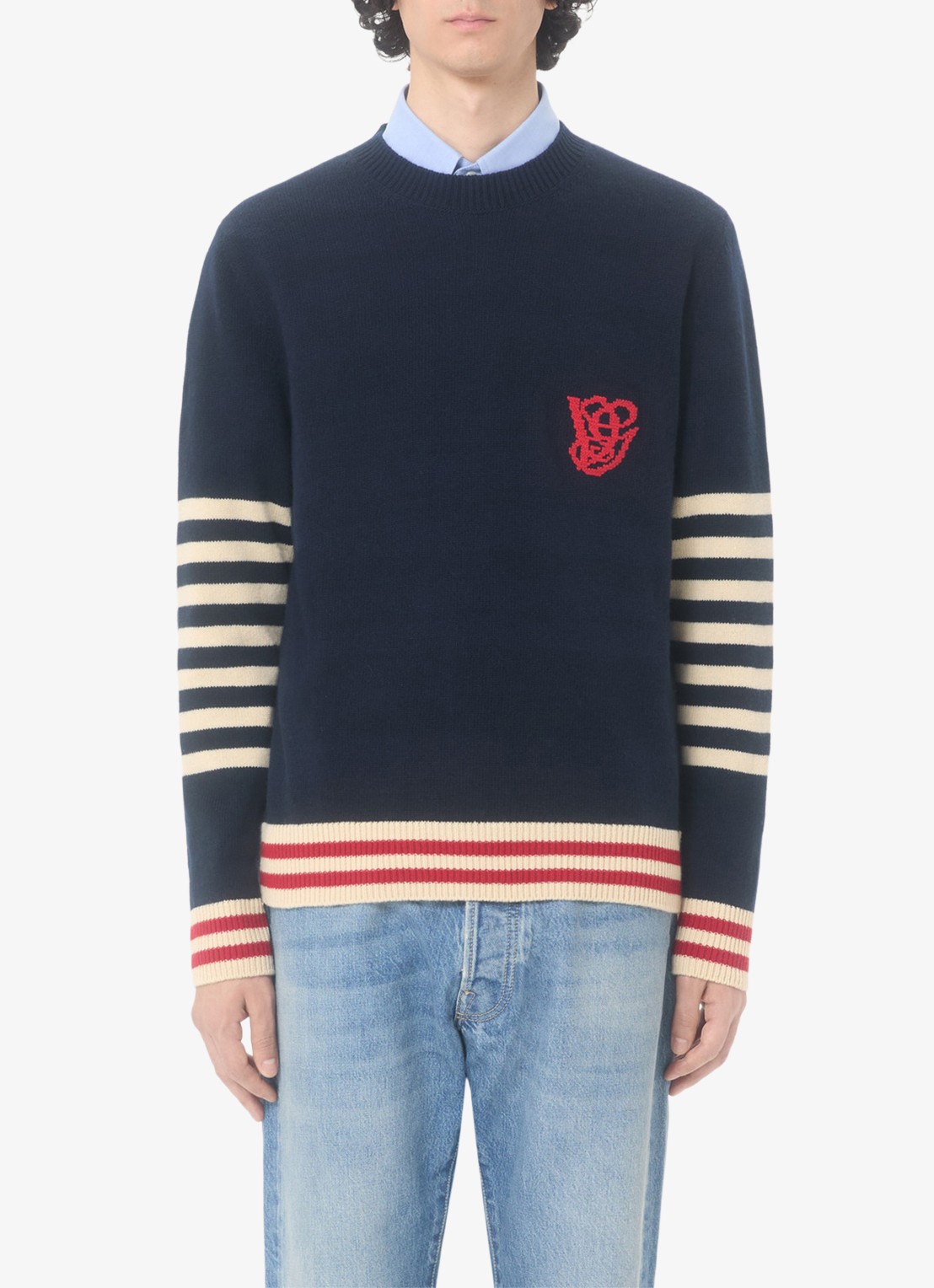 Valentino Garavani Fijngebreide pullover van scheerwol met streepprint - detail 4 donkerblauw