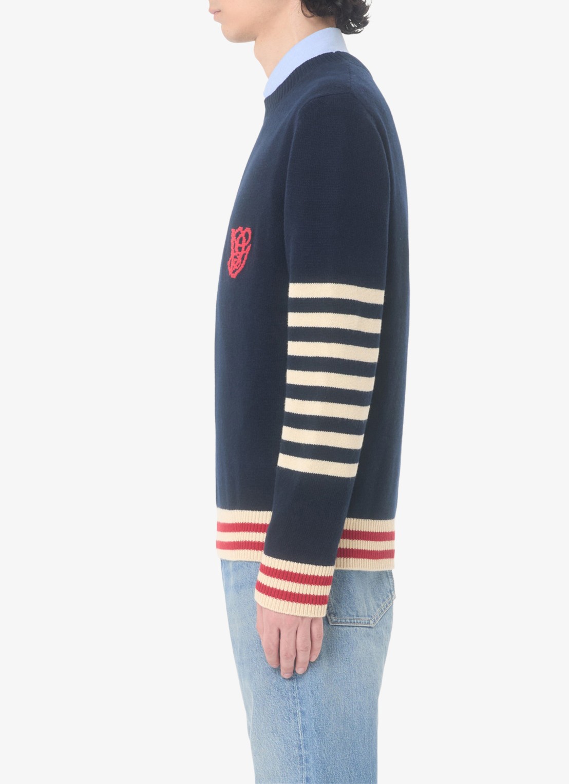 Valentino Garavani Fijngebreide pullover van scheerwol met streepprint - detail 5 donkerblauw