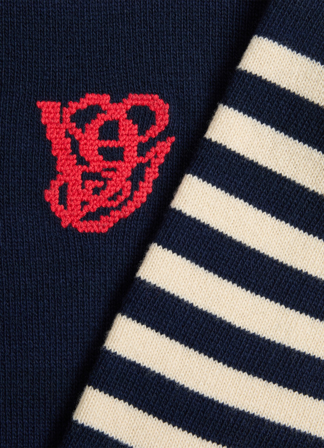 Valentino Garavani Fijngebreide pullover van scheerwol met streepprint - detail 7 donkerblauw
