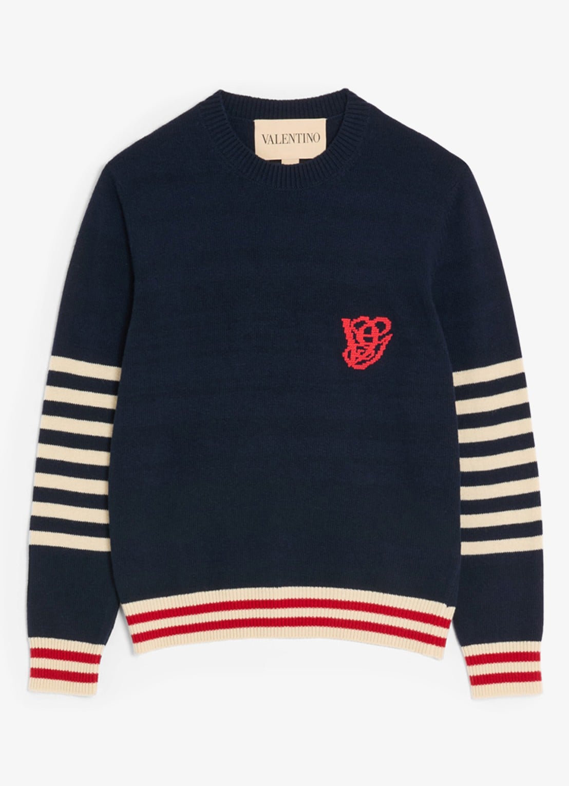 Valentino Garavani Fijngebreide pullover van scheerwol met streepprint - voorkant donkerblauw