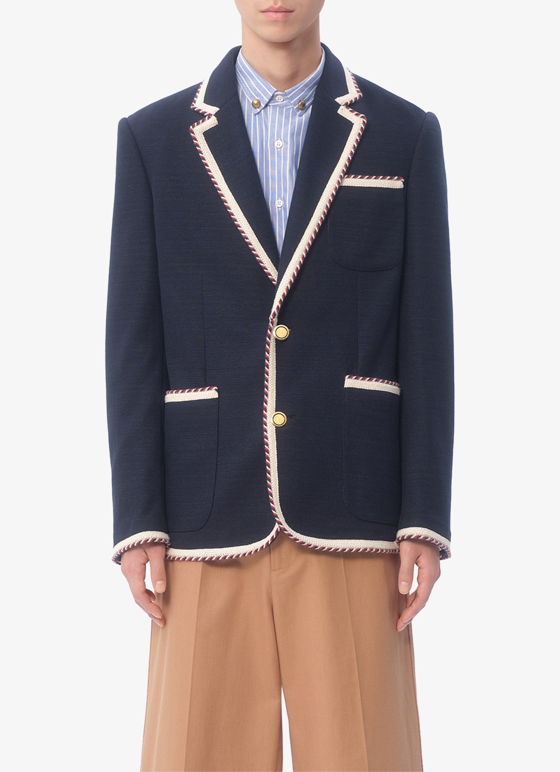 Valentino Garavani Fijngebreide regular fit colbert in linnenblend met opgestikte zakken - detail donkerblauw