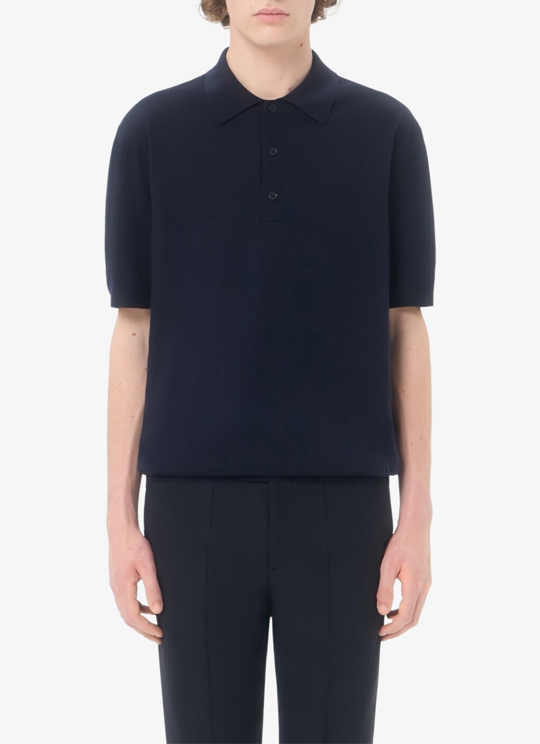 Valentino Garavani Fijngebreide regular fit polo van scheerwol - detail donkerblauw