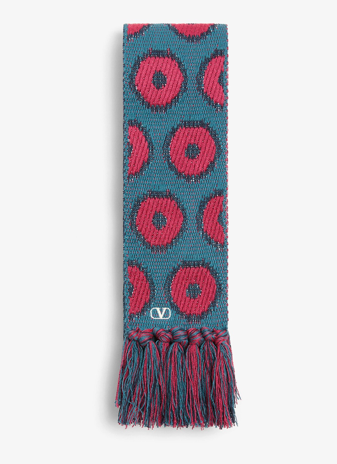 Valentino Garavani Fijngebreide sjaal met ingebreid patroon 180 x 7 cm - voorkant petrolgroen