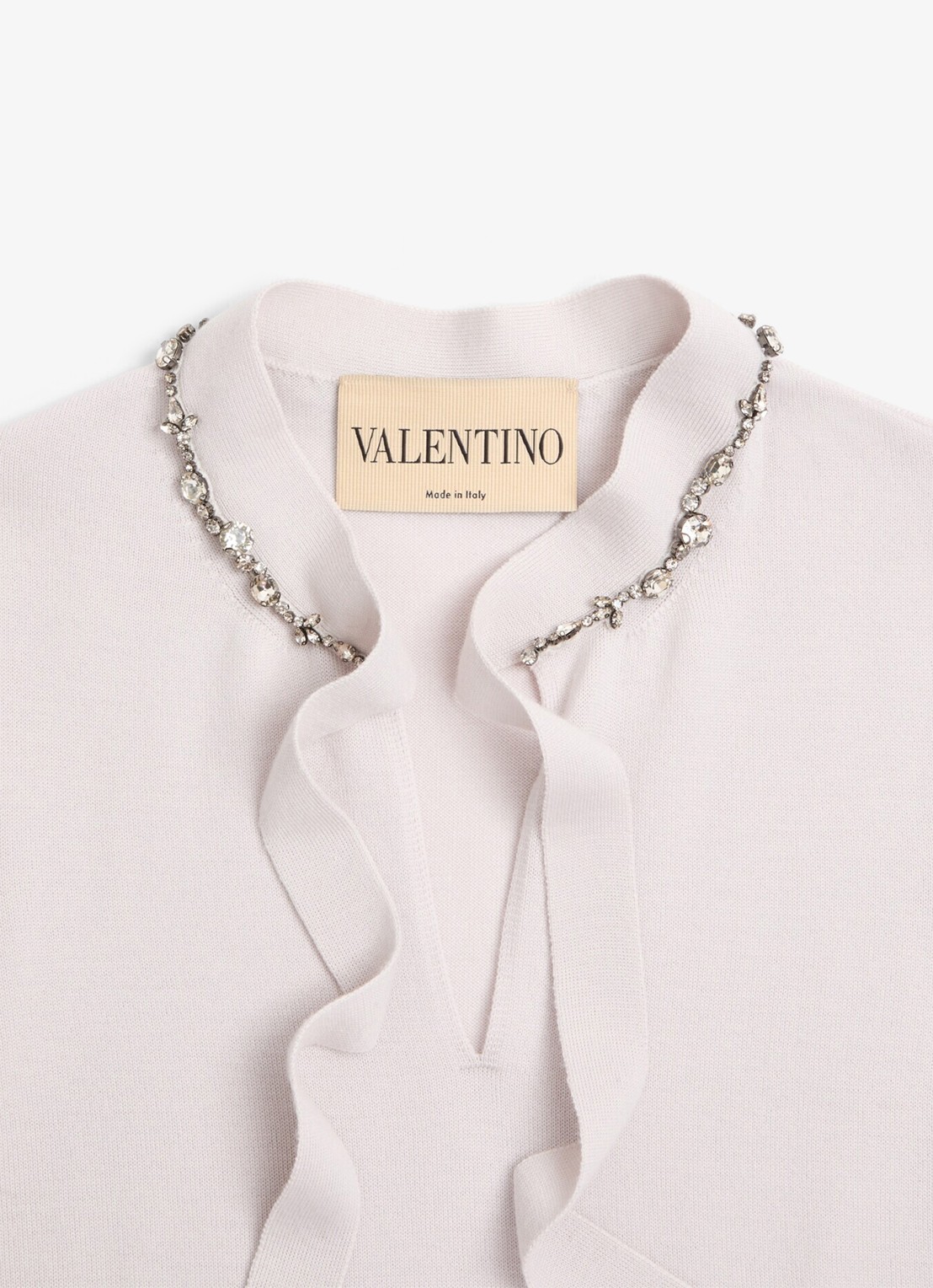 Valentino Garavani Fijngebreide top van scheerwol met strikkraag en strass - detail 6 lichtgrijs