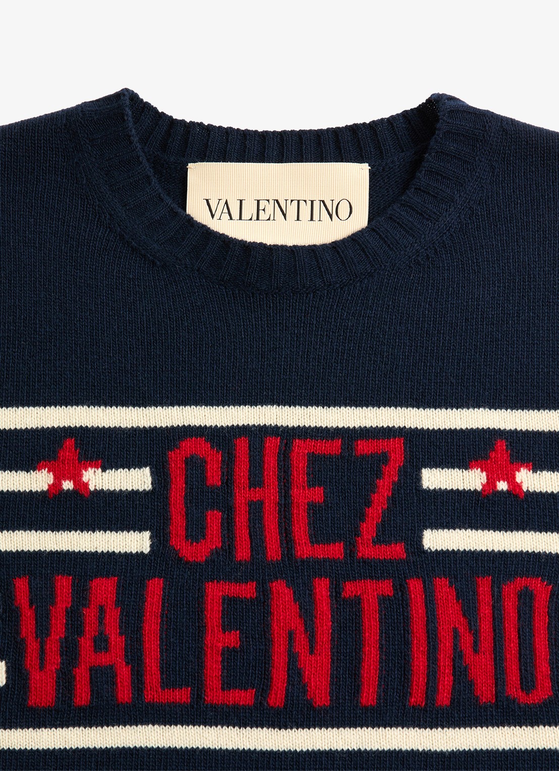 Valentino Garavani Fijngebreide trui van scheerwol met logo en streepprint - detail 3 donkerblauw