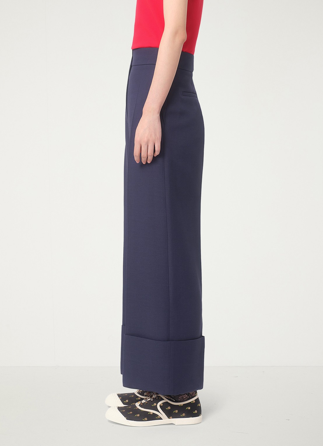 Valentino Garavani High waist loose fit pantalon in zijdeblend - detail 5 donkerblauw
