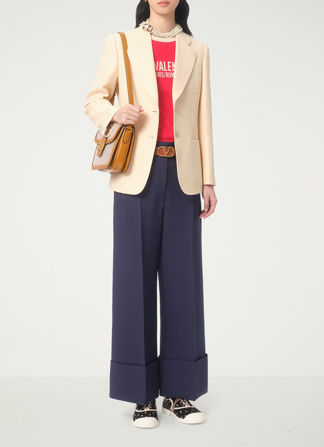 Valentino Garavani High waist loose fit pantalon in zijdeblend - voorkant 3 donkerblauw