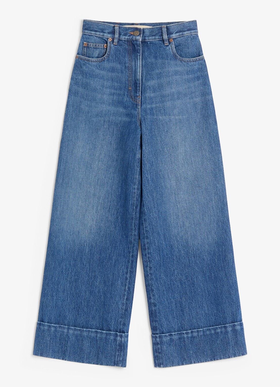 Valentino Garavani High waist wide leg cropped jeans met medium wassing - voorkant 5 indigo
