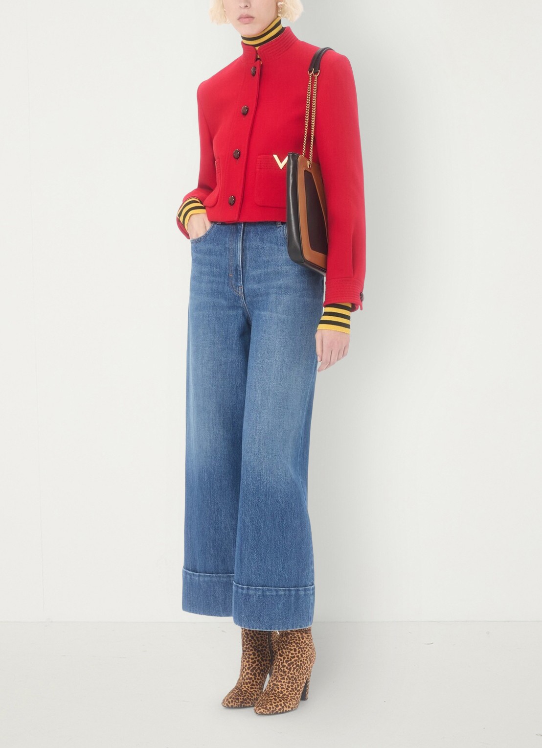 Valentino Garavani High waist wide leg cropped jeans met medium wassing - voorkant 6 indigo