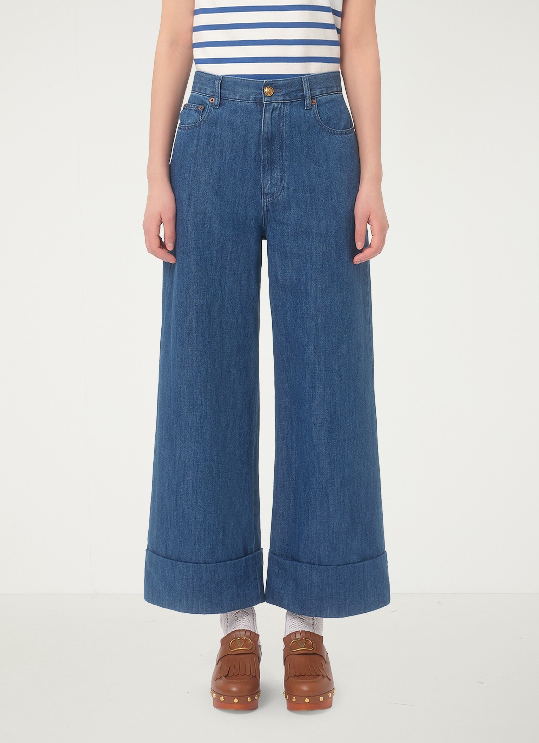 Valentino Garavani High waist wide leg jeans met medium wassing - detail 4 indigo