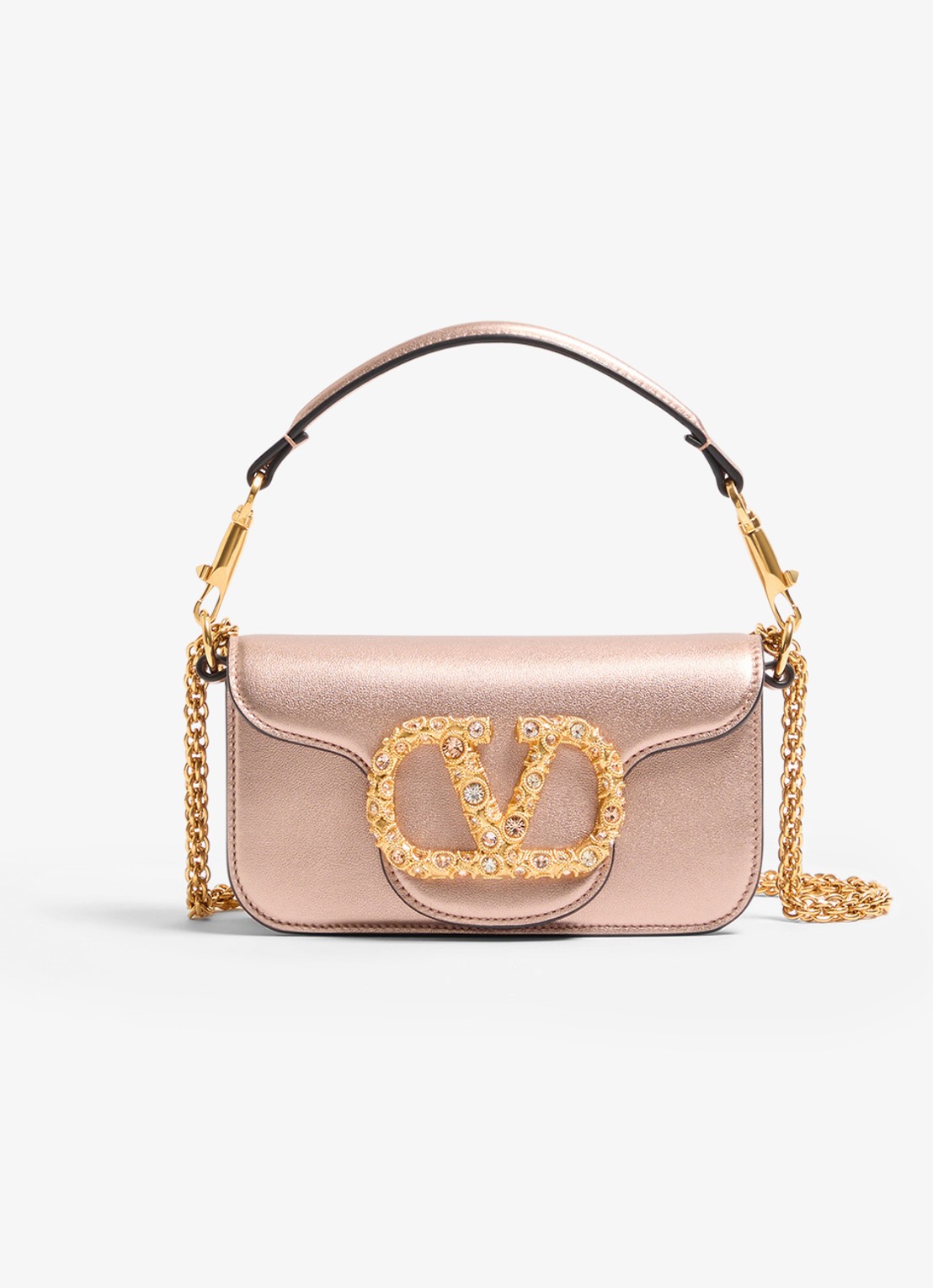 Valentino Garavani Locò Small handtas van kalfsleer met metallic finish - voorkant 5 oudroze