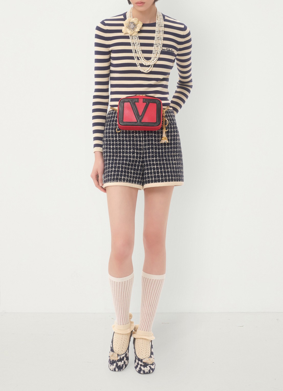Valentino Garavani Longsleeve met logoborduring en streepprint - voorkant 3 donkerblauw