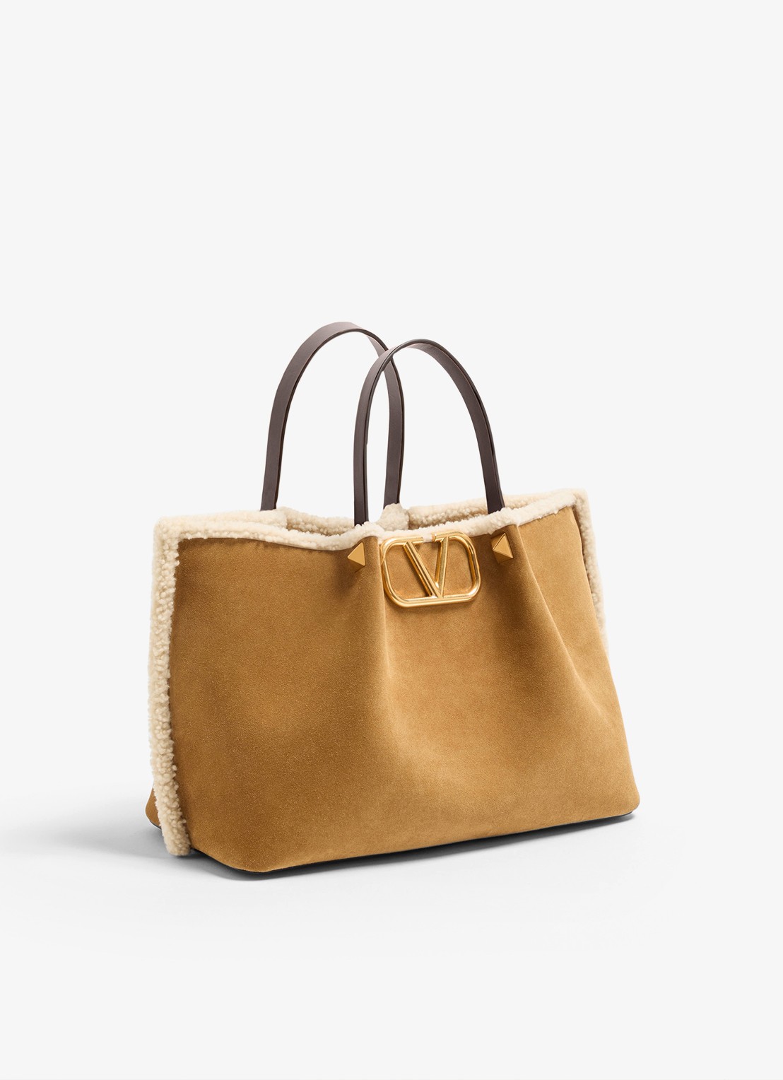 Valentino Garavani Medium shopper van kalfssuède met schapenvacht - voorkant 5 camel
