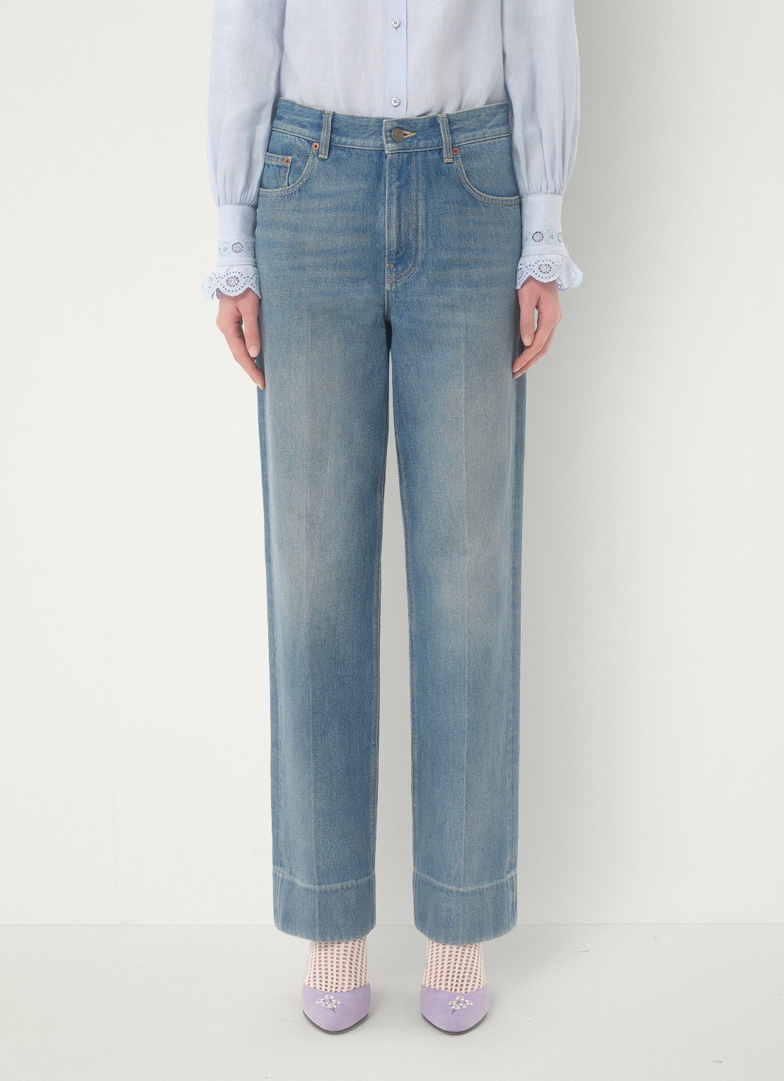 Valentino Garavani Mid waist straight leg jeans met medium wassing - detail indigo