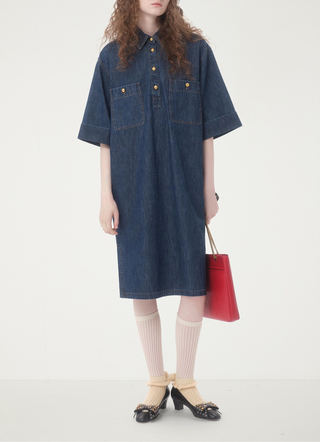 Valentino Garavani Midi blousejurk van denim met borstzakken - voorkant 6 indigo