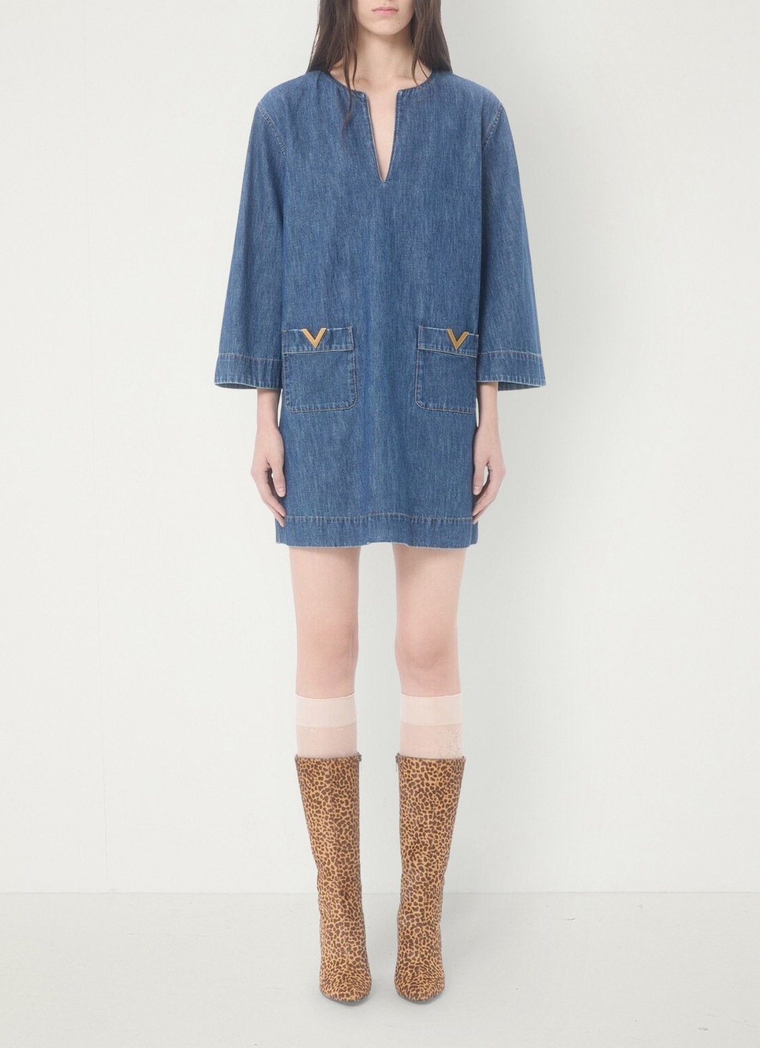 Valentino Garavani Mini tuniekjurk van chambray met opgestikte zakken - detail 2 indigo
