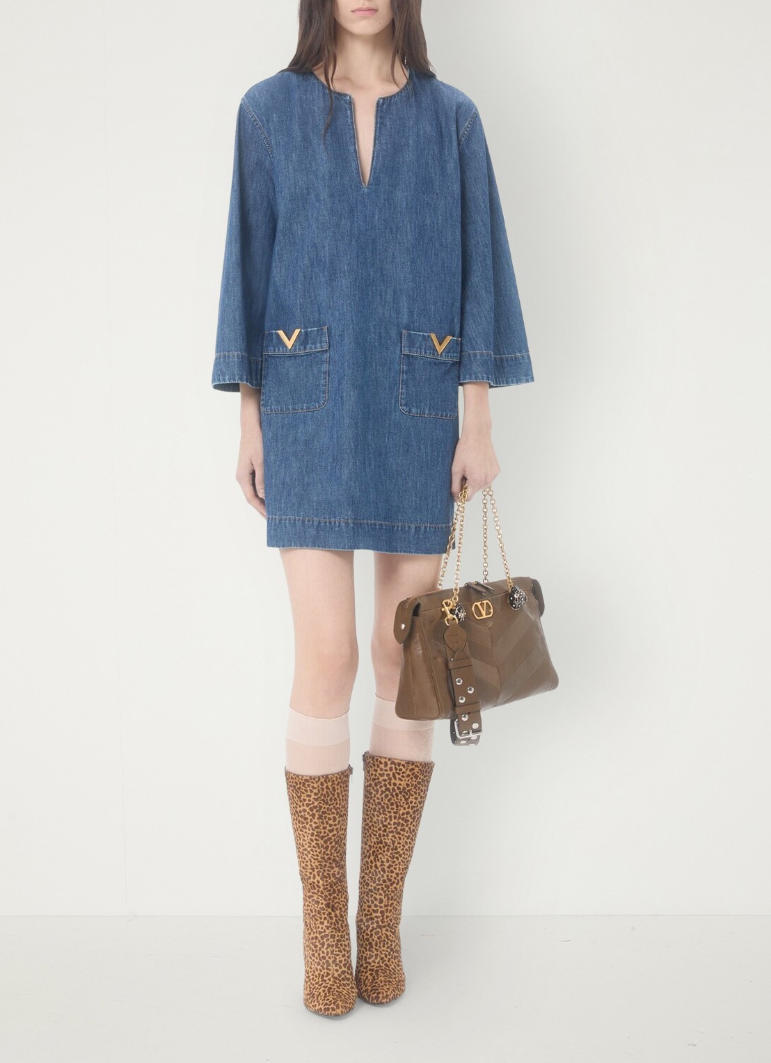 Valentino Garavani Mini tuniekjurk van chambray met opgestikte zakken - voorkant 8 indigo