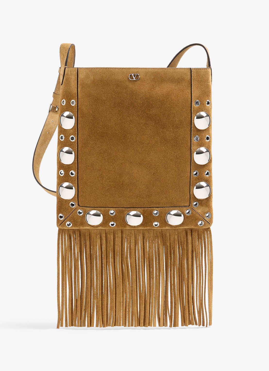 Valentino Garavani Nellcôte crossbodytas van suède met studs en franjes - voorkant 7 bruin