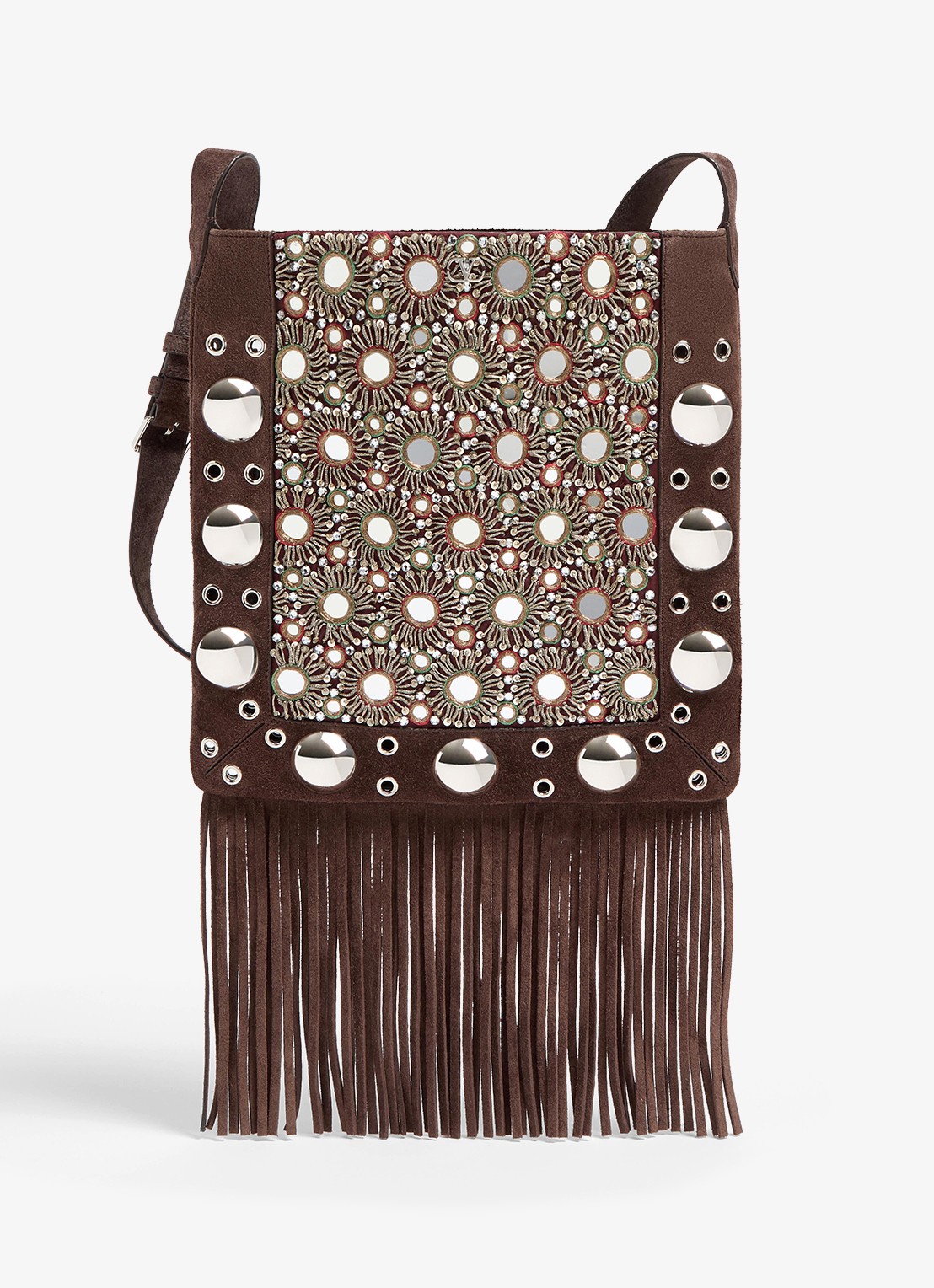 Valentino Garavani Nellcôte Medium crossbodytas van suède met studs en borduring - voorkant 6 bruin