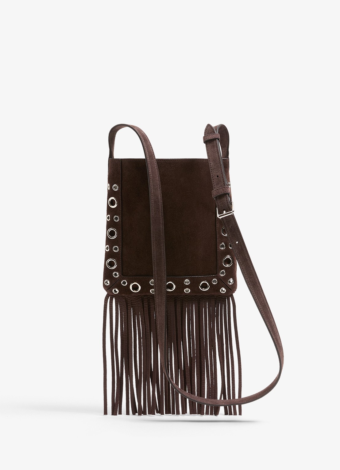 Valentino Garavani Nellcôte Small crossbodytas van suède met studs en franjes - achterkant 6 bruin
