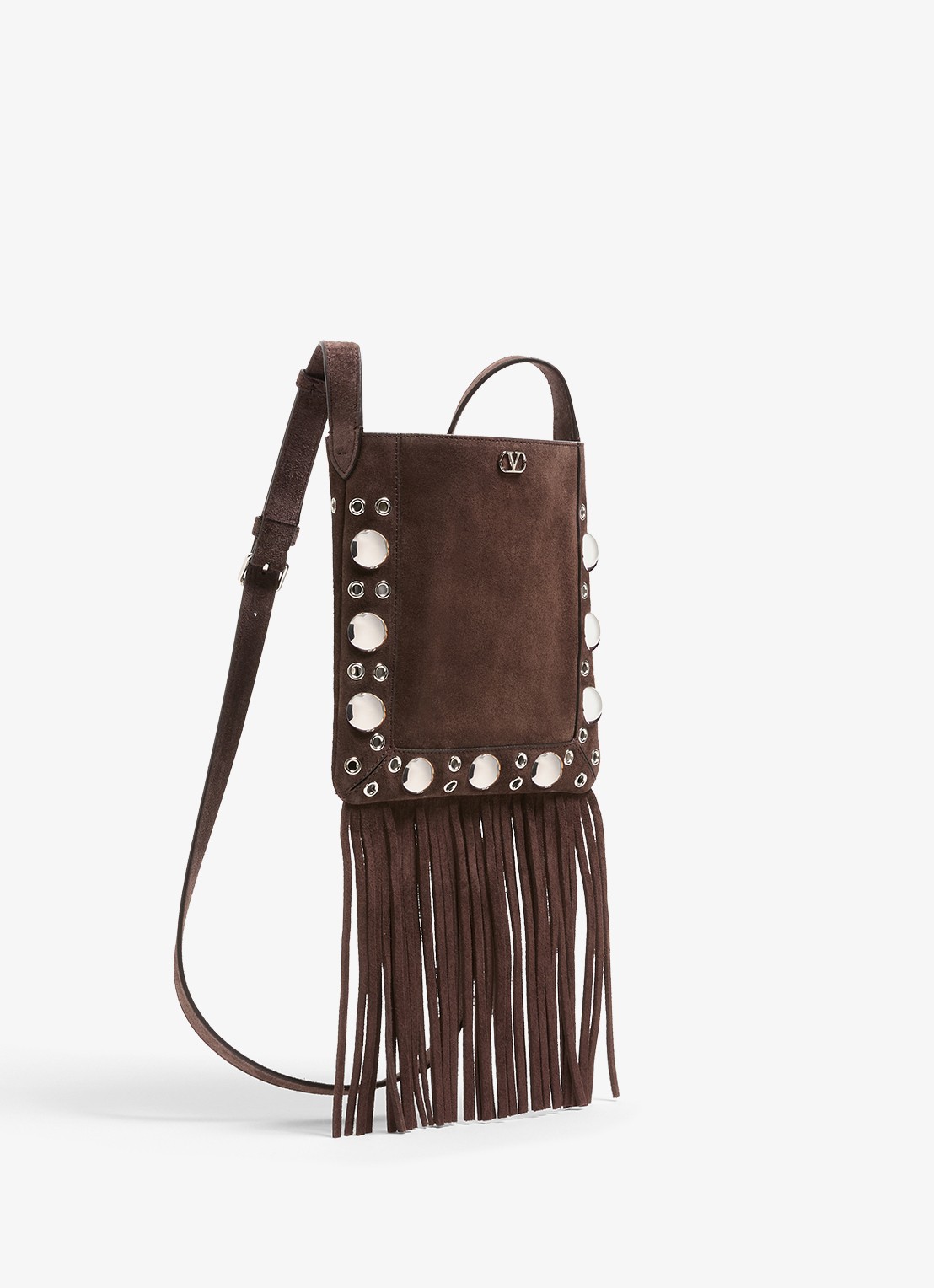 Valentino Garavani Nellcôte Small crossbodytas van suède met studs en franjes - detail bruin