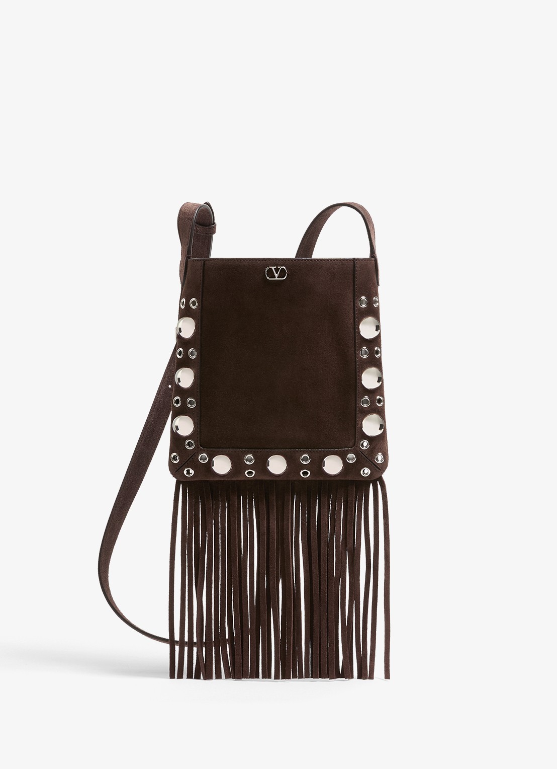 Valentino Garavani Nellcôte Small crossbodytas van suède met studs en franjes - voorkant 7 bruin