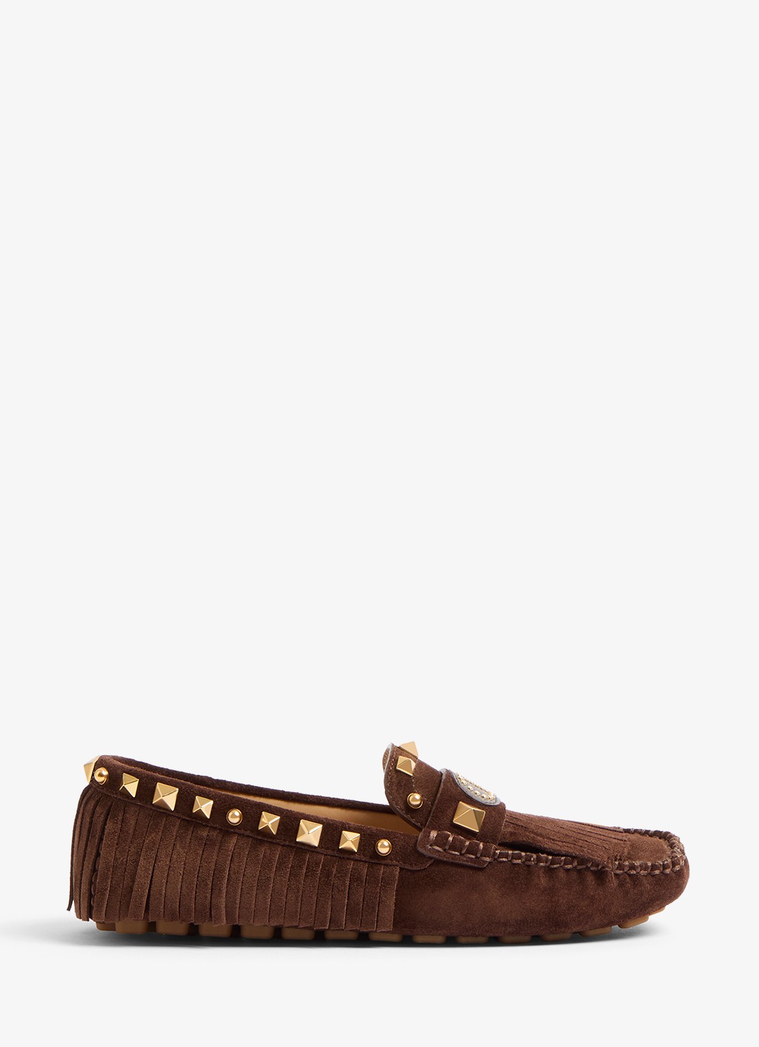 Valentino Garavani Plaster Caster Driver loafer van kalfssuède met studs - voorkant bruin