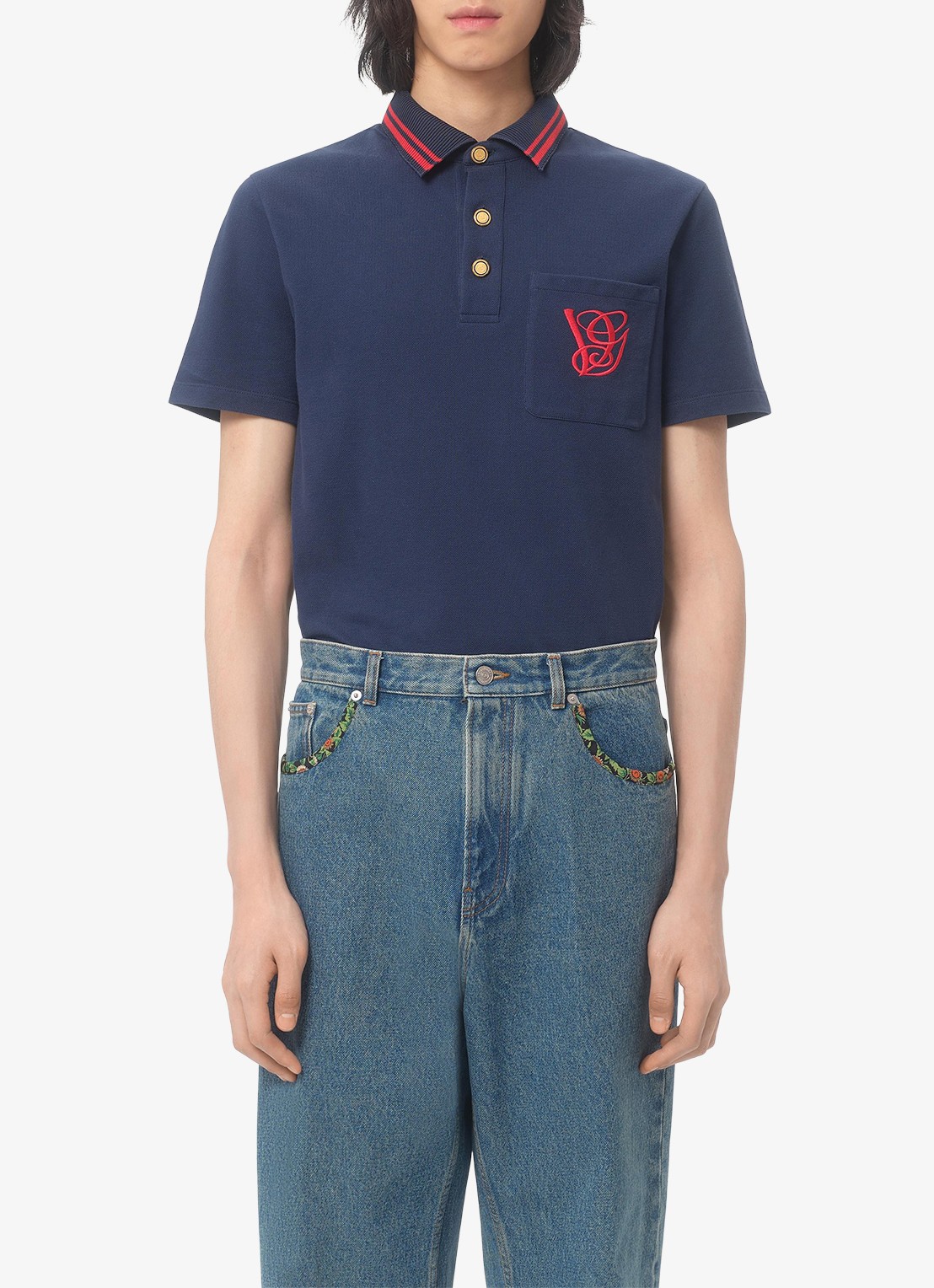 Valentino Garavani Regular fit polo met logoborduring - detail donkerblauw
