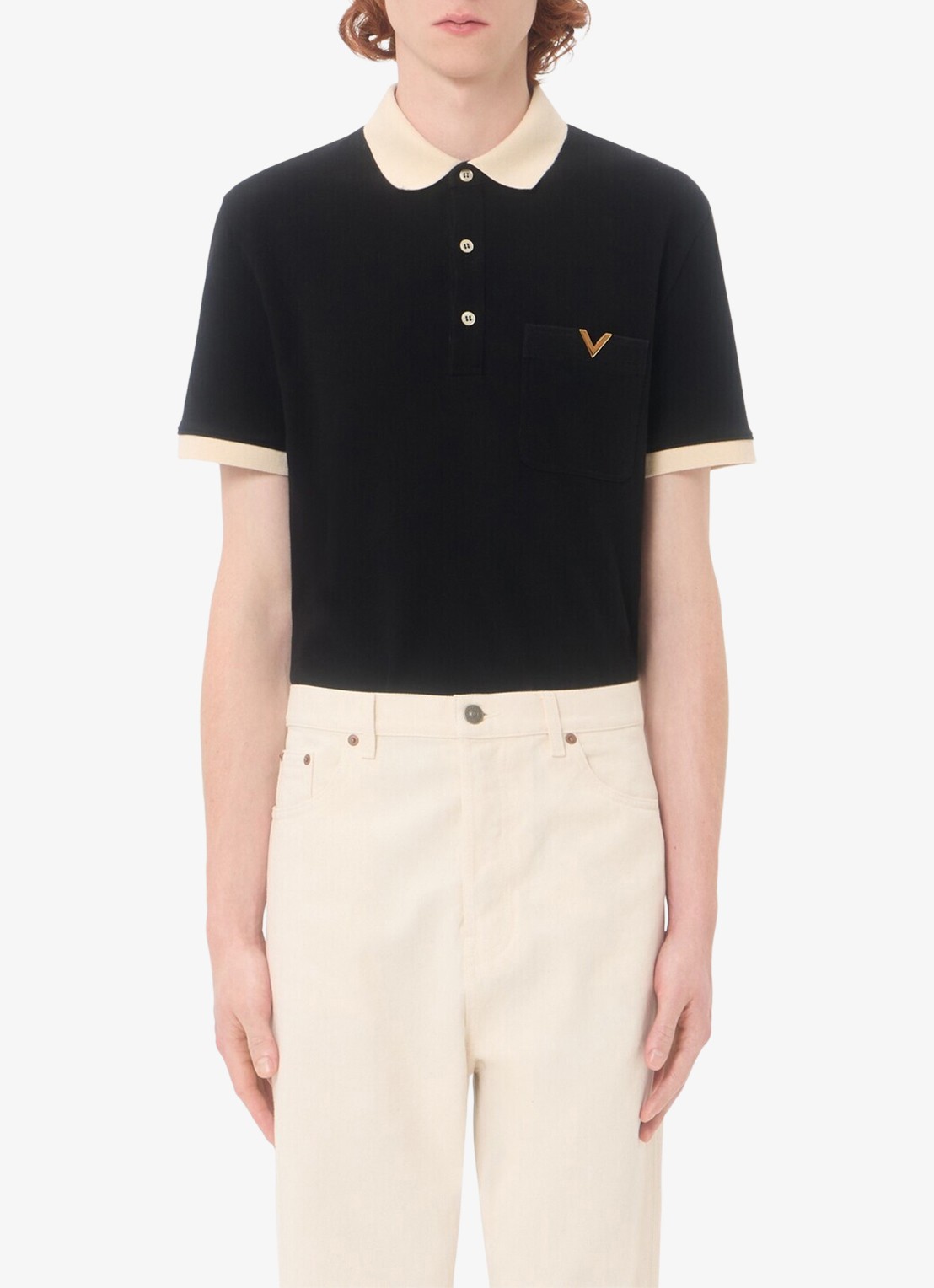 Valentino Garavani Regular fit polo van piqué katoen met borstzak - detail 4 zwart