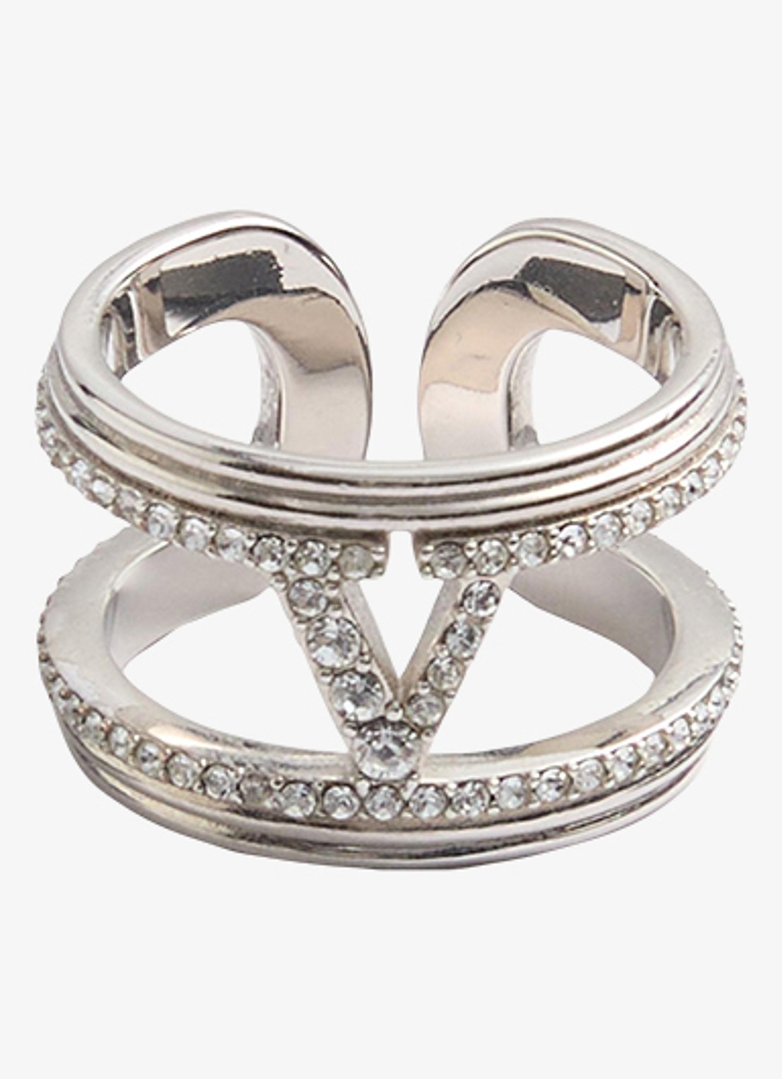 Valentino Garavani Ring met logo en kristal - voorkant zilver