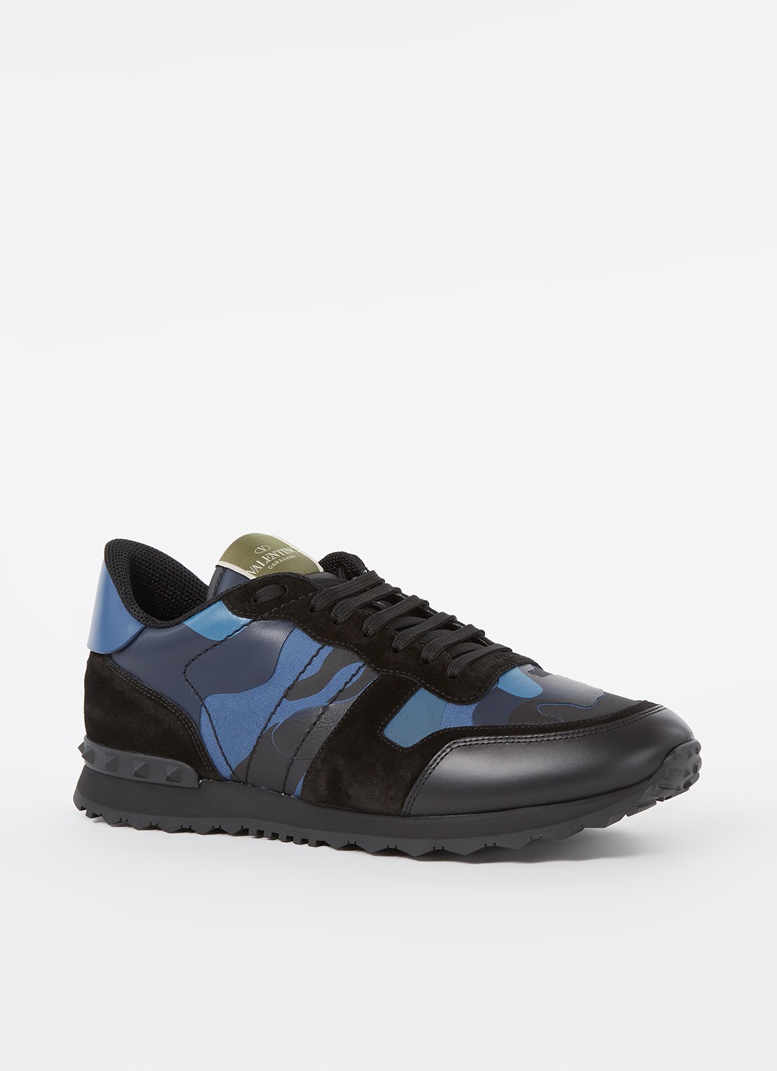 Valentino Garavani Rockrunner sneaker van leer met suède details - voorkant blauw