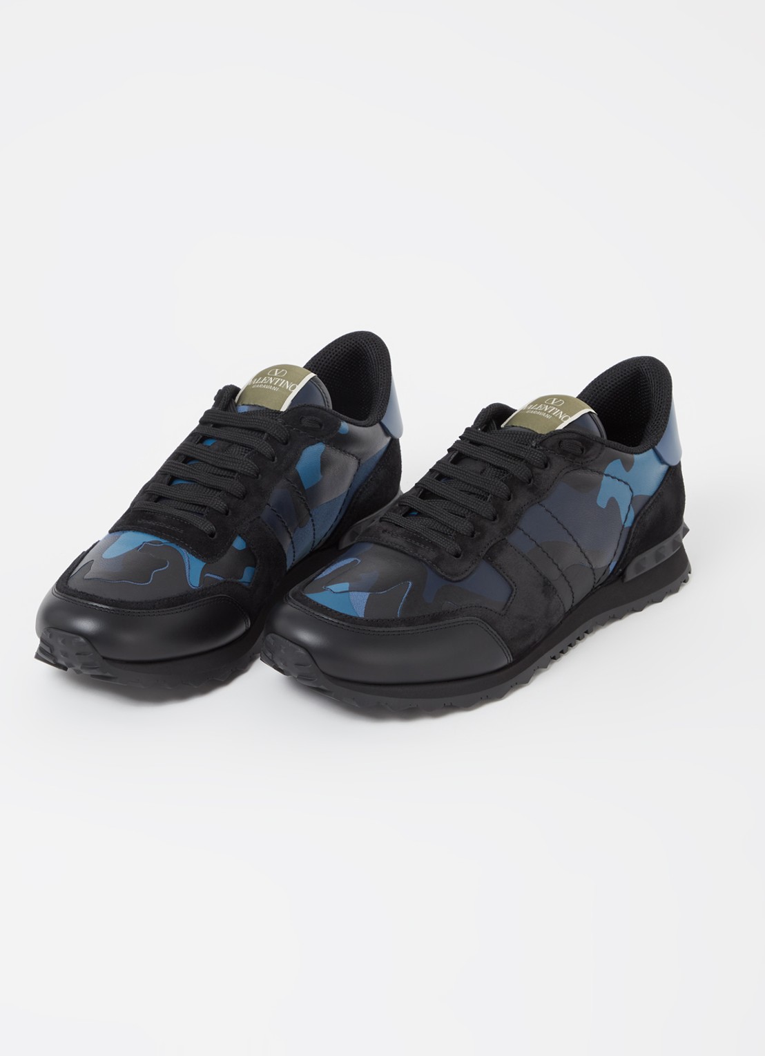 Valentino Garavani Rockrunner sneaker van leer met suède details - detail donkerblauw