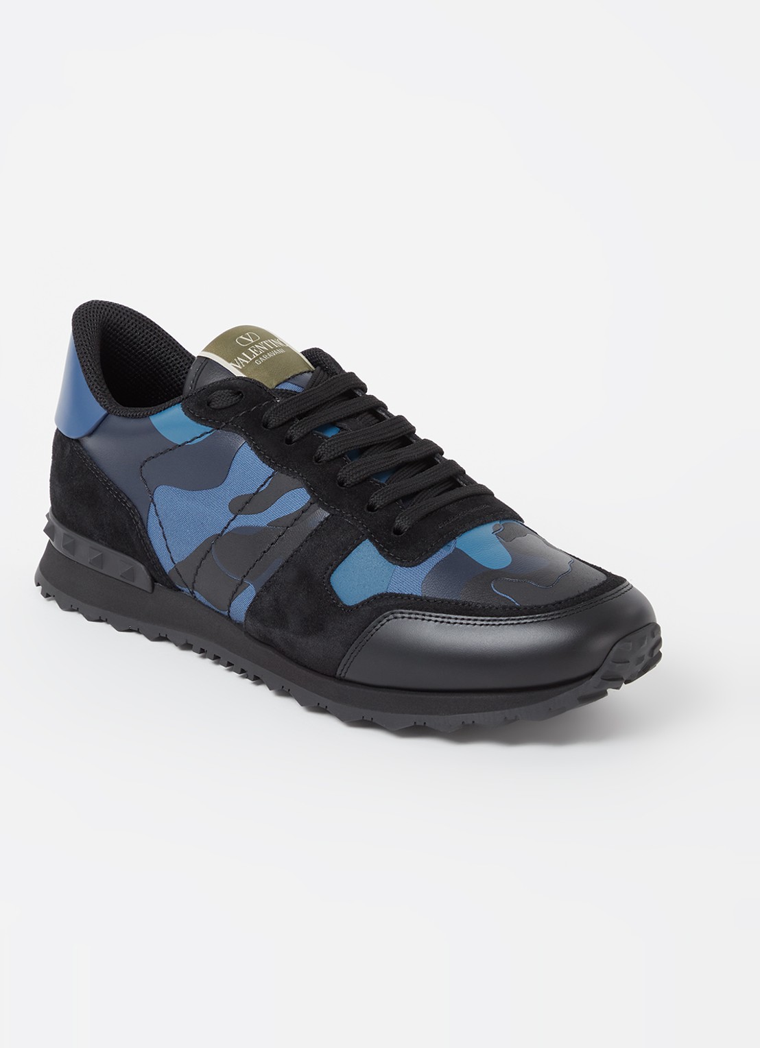 Valentino Garavani Rockrunner sneaker van leer met suède details - voorkant 6 donkerblauw