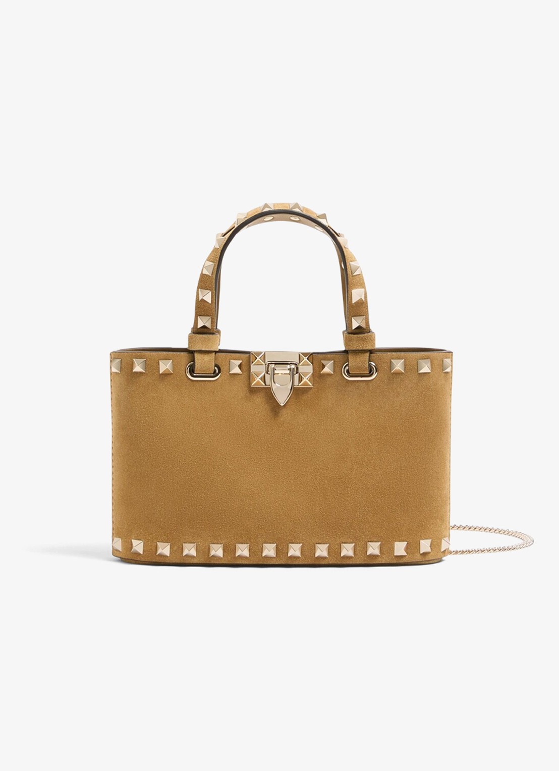 Valentino Garavani Rockstud mini handtas van suède - voorkant 5 camel