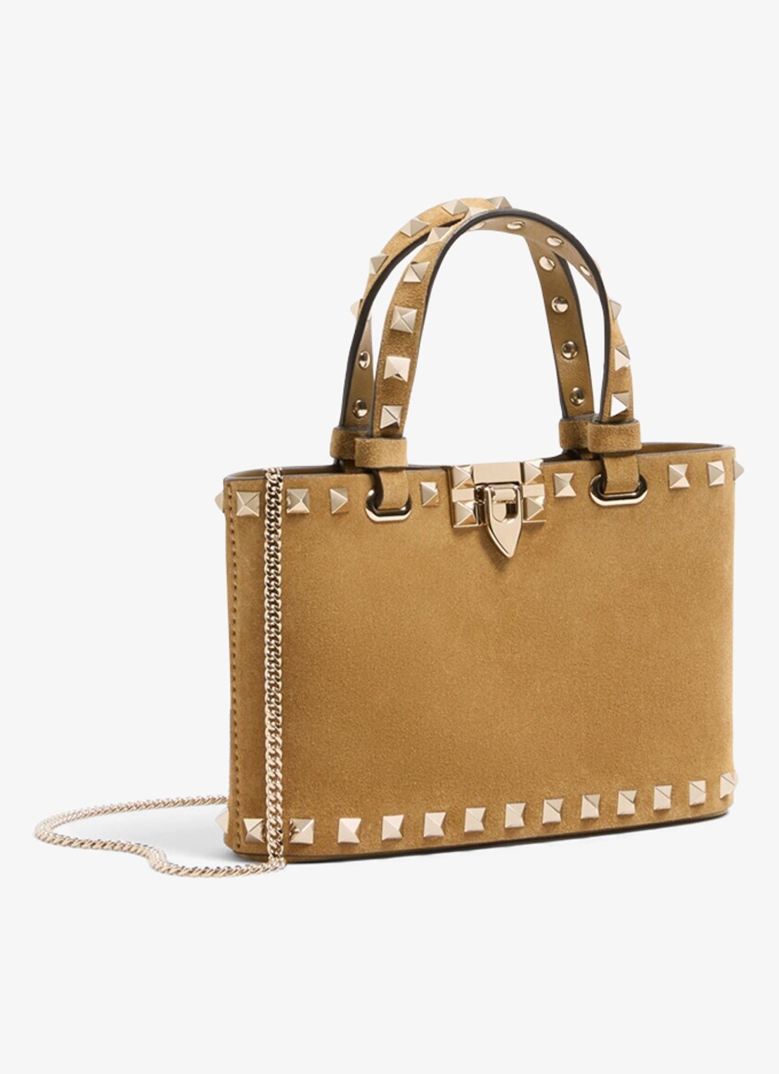 Valentino Garavani Rockstud mini handtas van suède - voorkant 6 camel
