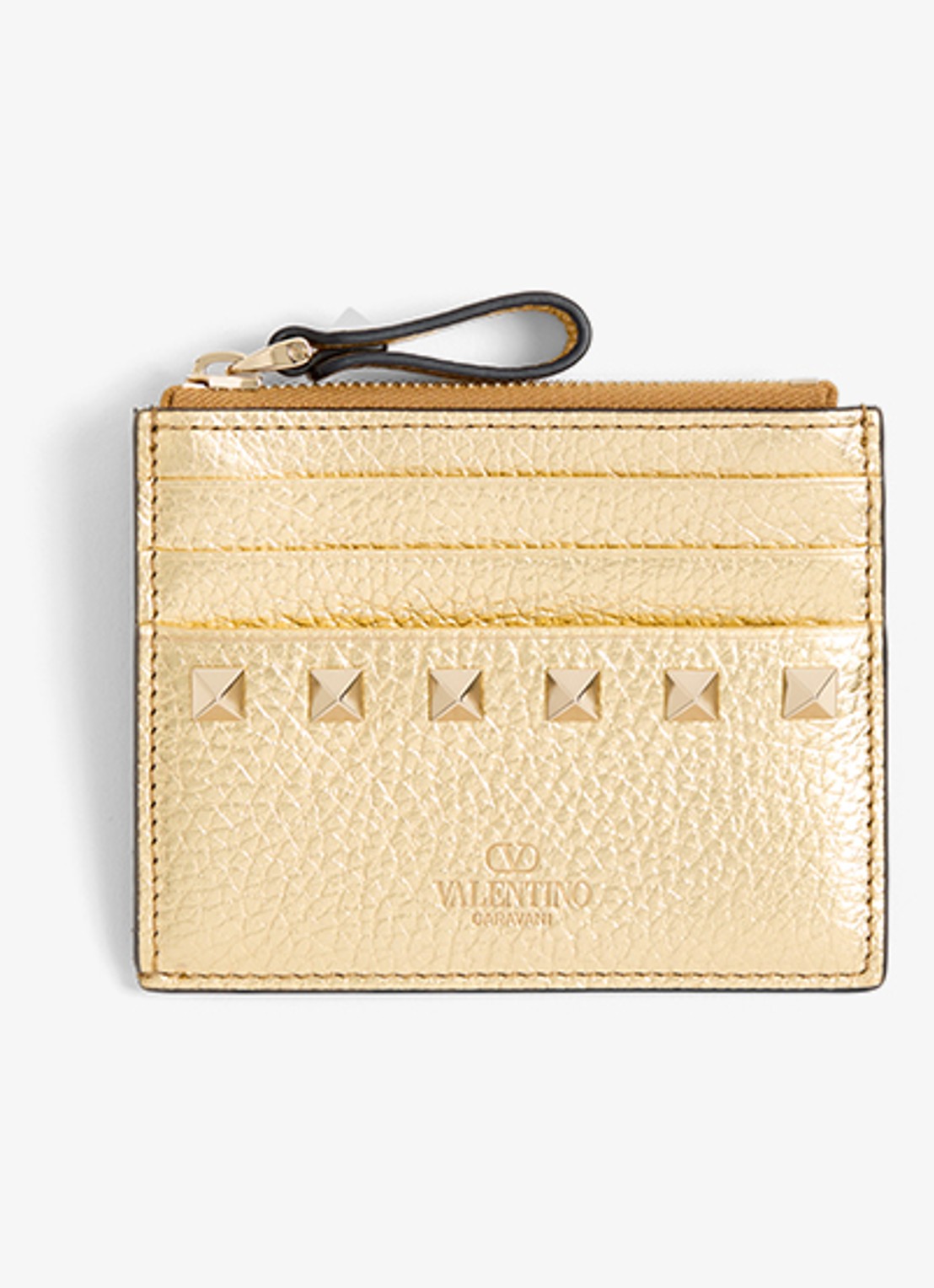 Valentino Garavani Rockstud pasjeshouder van kalfsleer met metallic finish en studs - voorkant 4 goud