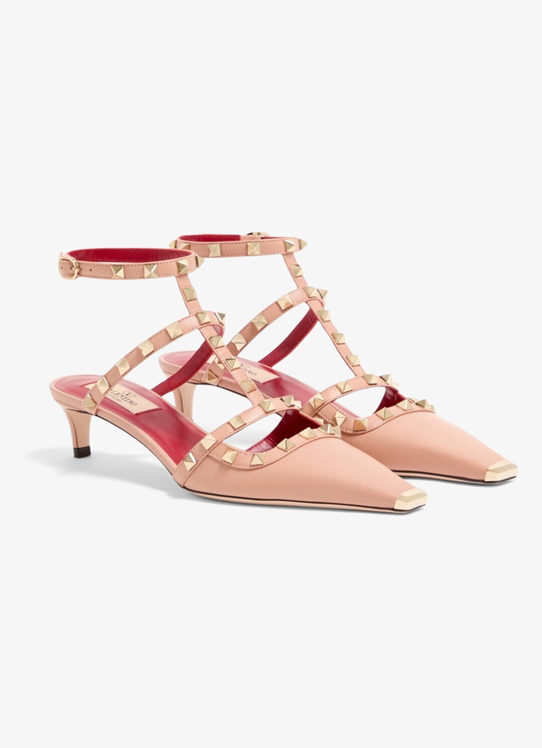 Valentino Garavani Rockstud sandalette van geitenleer met studs - voorkant 3 roze